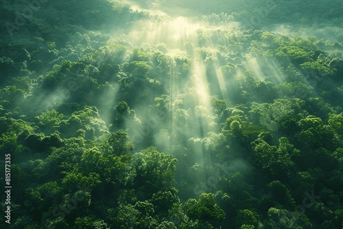   This stunning drone photograph offers a captivating view of the lush green canopy of a vast forest