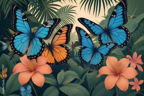 Vibrant tropical butterflies flutter amidst lush jungle foliage, their kaleidoscopic wings ablaze with colors, in a mesmerizing dance of nature's beauty © OzCam