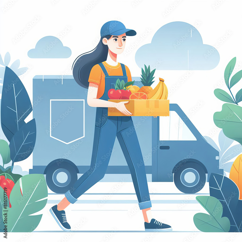 Fruit delivery concept. Courier carries organic products. Vegan vitamin menu Fruit delivery concept. Courier carries organic products. Vegan vitamin menu