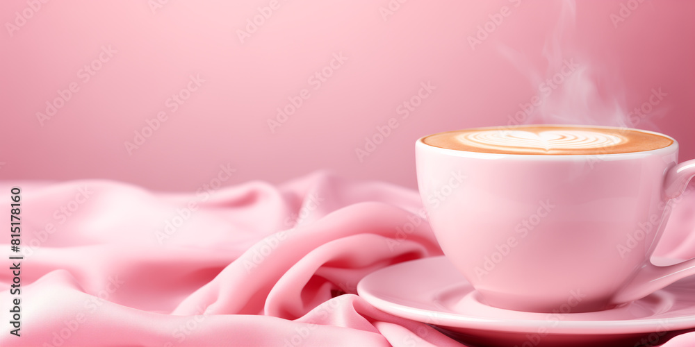 Obraz premium Pink coffee background, cup with latte art, free space
