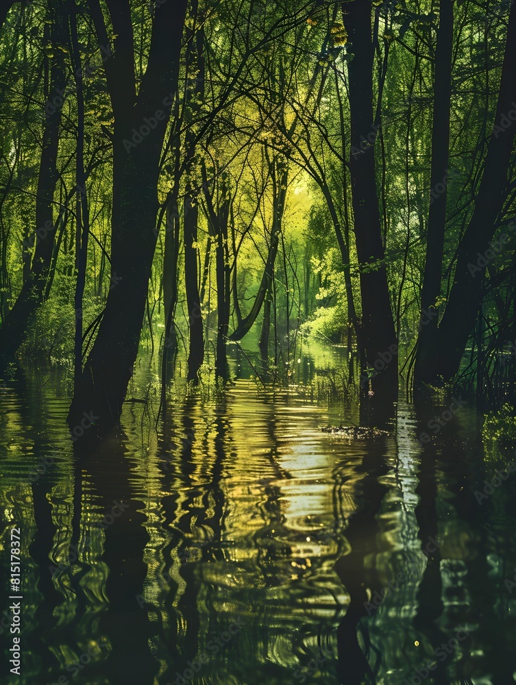 Fabulous spring scene of flooded forest. Panoramic morning view of dark woodland. Beauty of nature concept background.