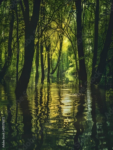 Fabulous spring scene of flooded forest. Panoramic morning view of dark woodland. Beauty of nature concept background.