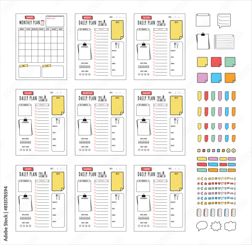 Set of minimalist planners. Daily, weekly, monthly planner template. Cute and simple printable to do list. Business organizer page. Note, to-do list, daily food list contents. Multiple sticker set.