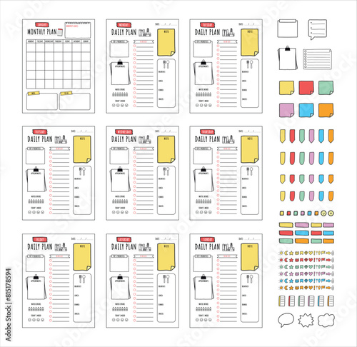 Set of minimalist planners. Daily, weekly, monthly planner template. Cute and simple printable to do list. Business organizer page. Note, to-do list, daily food list contents. Multiple sticker set.