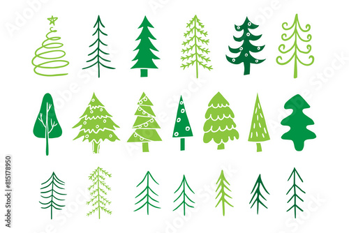 Cute set of fir trees and Christmas tree in doodle style. Celebration, winter, christmas, new year, christmas decorations, xmas. Great for banner, poster, stickers, professional design. Hand drawn