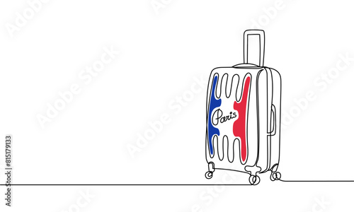 Travel destinations Paris. Vector continuous line, suitcase, baggy. Journey concept. Tourism, vacation. Banner in the colors of the French flag