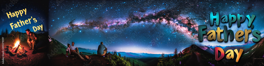 A panoramic view of a starry sky over a mountainous area with a campfire in the left corner suggesting a father and child. The right corner features 