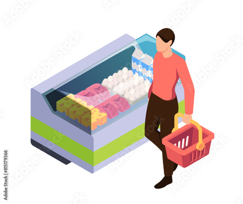 Person shopping in front of a freezer full of food, 3d isometric vector illustration on a plain background, depicting grocery shopping.