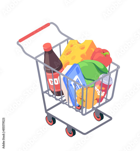 A full shopping cart with various groceries, 3d isometric vector illustration on a plain background, concept of shopping