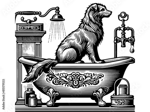 Groomer, large dog washes itself bathroom. Sketch board imitation. Vector, generative ai.