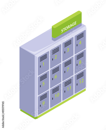 Isometric vector illustration of a storage locker unit with numbered lockers on a light background, isometric concept of organization and safety