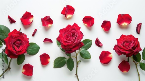 A top down perspective showcases three vibrant red roses surrounded by delicate rose leaves and petals against a white backdrop