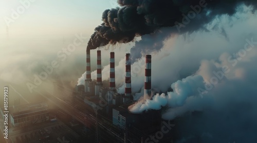 A coal power plant depicted with towering pipes emitting thick black smoke, symbolizing the environmental pollution caused by industrial activities. This illustration highlights the atmospheric  photo