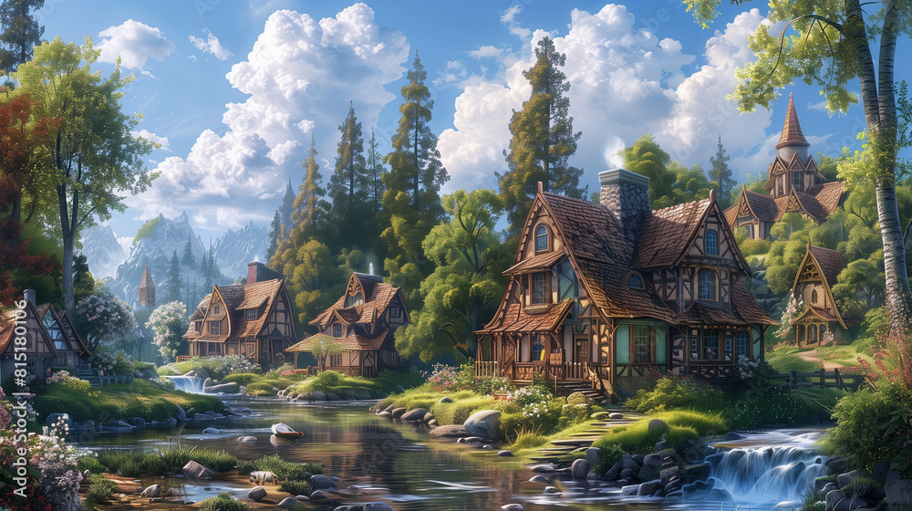 Small fantasy village by a river with mountains in background Small fantasy village by a river with mountains in background