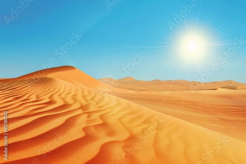 Vibrant desert dunes under a clear blue sky and the blazing sun
