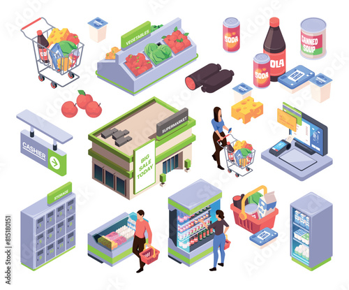 Isometric supermarket elements including customers, building, shopping cart, and products on a white background, set of 3d vector illustrations isolated on white background