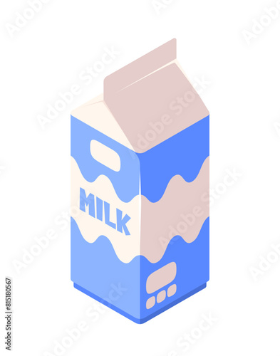 Blue milk carton with a wavy pattern on a light background, concept of dairy products. Isometric vector illustration isolated on white background