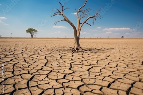 A solitary dead tree stands on cracked ground under a clear sky, depicting extreme aridity and drought. Lone Dead Tree in Vast Dry Landscape