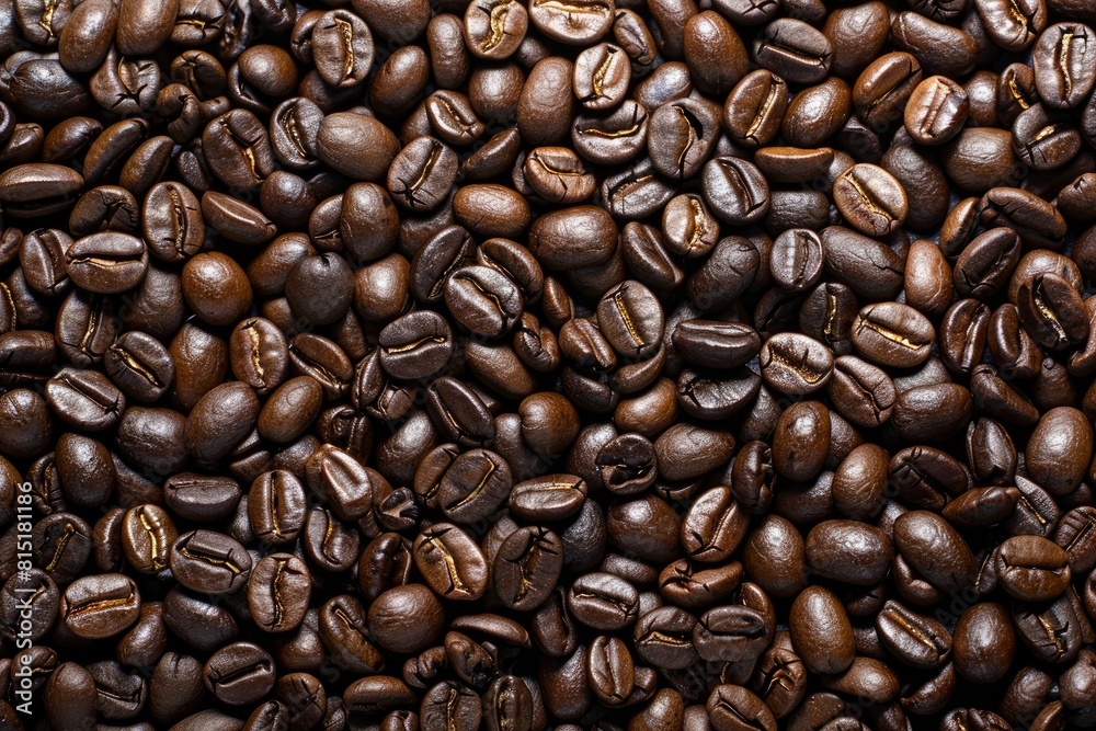 Fototapeta premium Overhead view of backdrop representing halves of dark brown coffee beans with pleasant scent