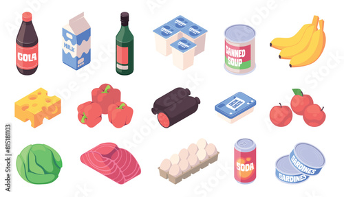 Assorted groceries in isometric vector illustration style on a light background, concept of shopping and food items. Set of isometric vector illustrations isolated on white background