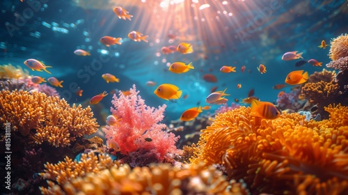Vibrant Coral Reef with Colorful Fish Swimming, Ocean Background with Copy Space © MuhammadAshir