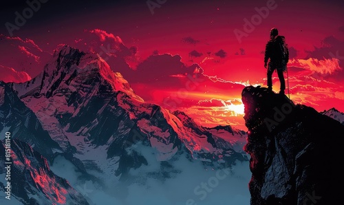 Minimalist mountain climbing scene, silhouette of a climber, bold lines, inspiring view