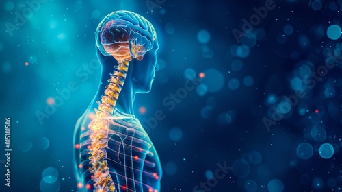 An x-ray image of a human spine against a blue background. The neck spine is highlighted in yellow and red, emphasizing areas of potential injury or concern. This medical examination aids in diagnosin #815181586