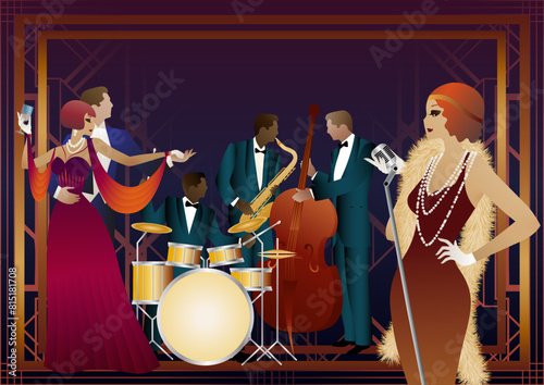 Jazz musicians, singer and dancers on a universal background. Double bass, saxophone, drum. Musicians play musical instruments