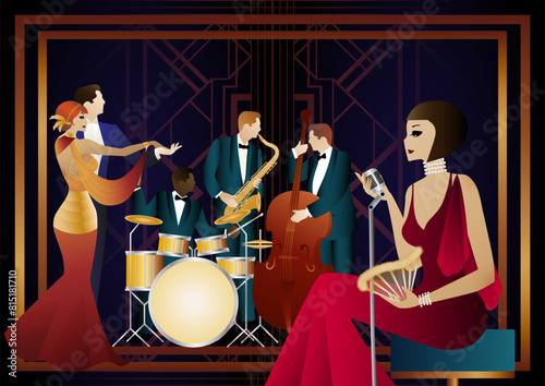Jazz musicians, singer and dancers on a universal background. Double bass, saxophone, drum. Musicians play musical instruments
