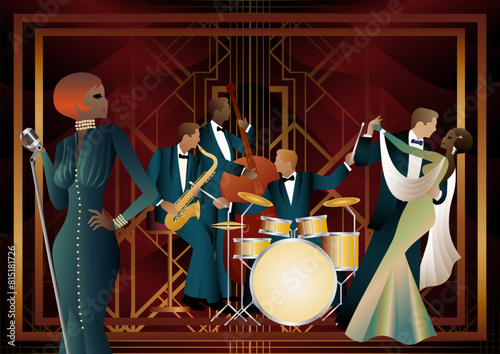 Jazz musicians, singer and dancers on a universal background. Double bass, saxophone, drum. Musicians play musical instruments