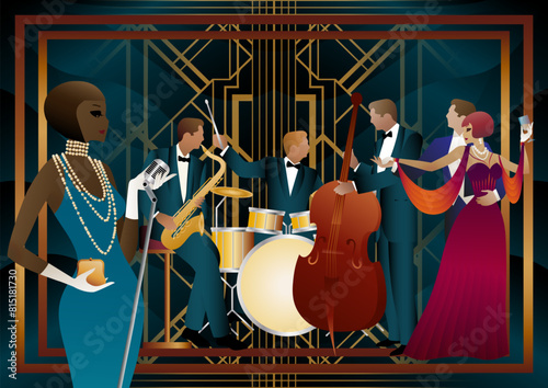 Jazz musicians, singer and dancers on a universal background. Double bass, saxophone, drum. Musicians play musical instruments