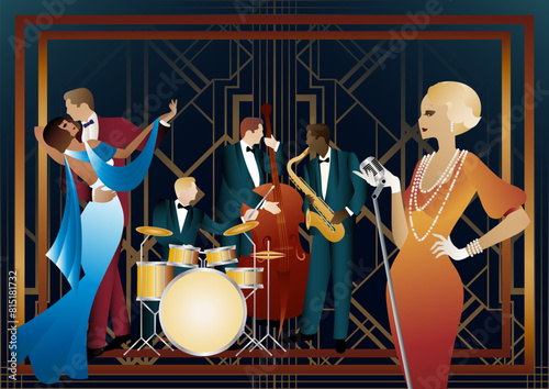 Jazz musicians, singer and dancers on a universal background. Double bass, saxophone, drum. Musicians play musical instruments