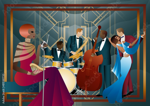Jazz musicians, singer and dancers on a universal background. Double bass, saxophone, drum. Musicians play musical instruments