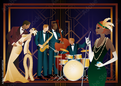 Jazz musicians, singer and dancers on a universal background. Double bass, saxophone, drum. Musicians play musical instruments