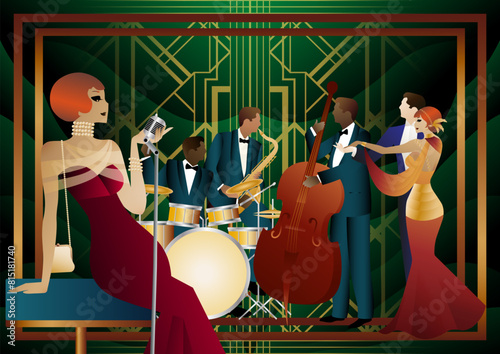 Jazz musicians, singer and dancers on a universal background. Double bass, saxophone, drum. Musicians play musical instruments