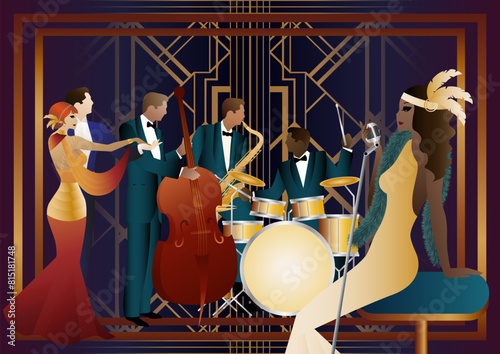 Jazz musicians, singer and dancers on a universal background. Double bass, saxophone, drum. Musicians play musical instruments