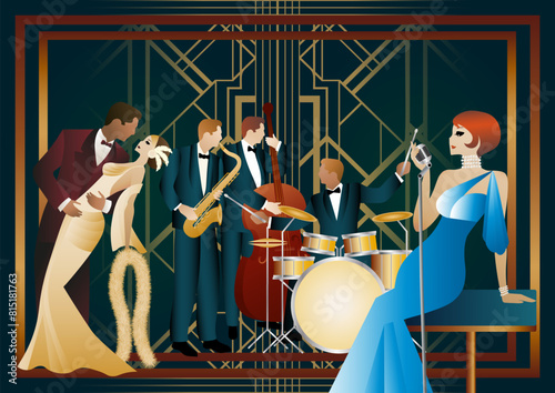 Jazz musicians, singer and dancers on a universal background. Double bass, saxophone, drum. Musicians play musical instruments