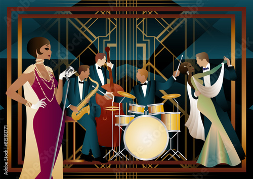 Jazz musicians, singer and dancers on a universal background. Double bass, saxophone, drum. Musicians play musical instruments