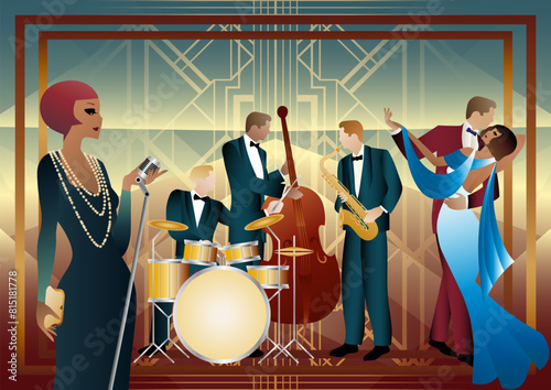 Jazz musicians, singer and dancers on a universal background. Double bass, saxophone, drum. Musicians play musical instruments