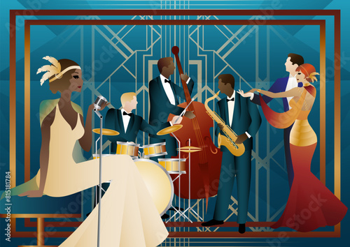 Jazz musicians, singer and dancers on a universal background. Double bass, saxophone, drum. Musicians play musical instruments