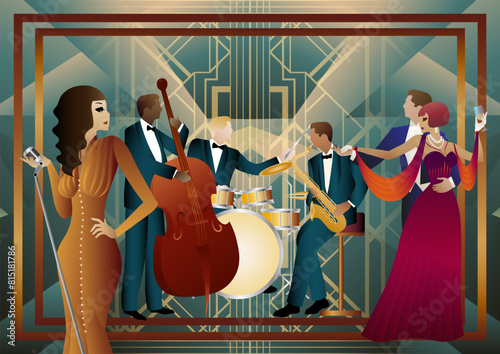 Jazz musicians, singer and dancers on a universal background. Double bass, saxophone, drum. Musicians play musical instruments