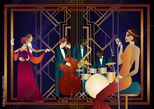 Jazz musicians, singer and dancers on a universal background. Double bass, saxophone, drum. Musicians play musical instruments