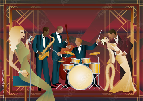 Jazz musicians, singer and dancers on a universal background. Double bass, saxophone, drum. Musicians play musical instruments