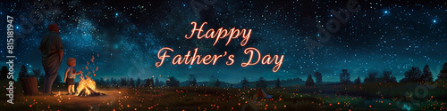 A wide, star-filled meadow scene at night with a campfire in the left corner hinting at a father and child. In the opposite corner, "Happy Father's Day" is clearly visible in luminous script.