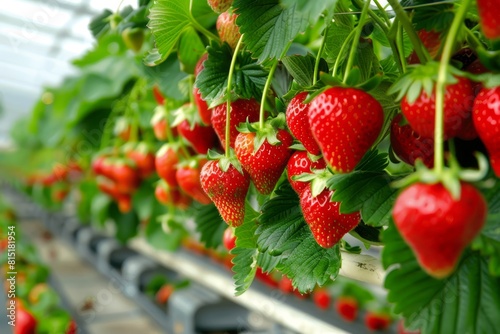 Ripe strawberries growing in a modern vertical hydroponic farming system