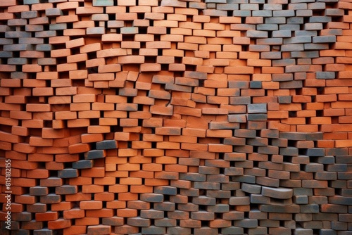 A brick wall section with irregularly shaped bricks arranged in a mosaic pattern