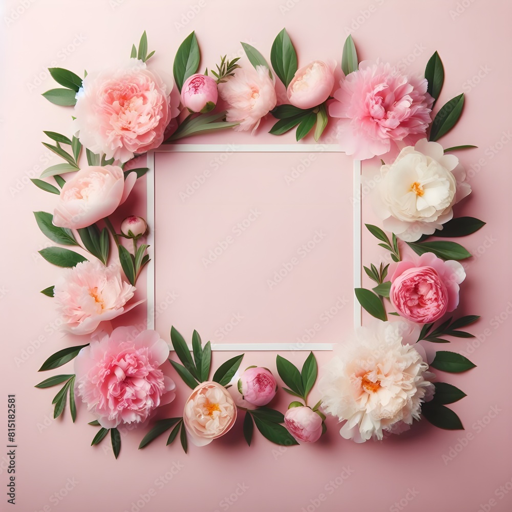 Frame made of beautiful peony flowers on pink background. Flat lay, copy space, summer flowers Frame made of beautiful peony flowers on pink background. Flat lay, copy space, summer flowers