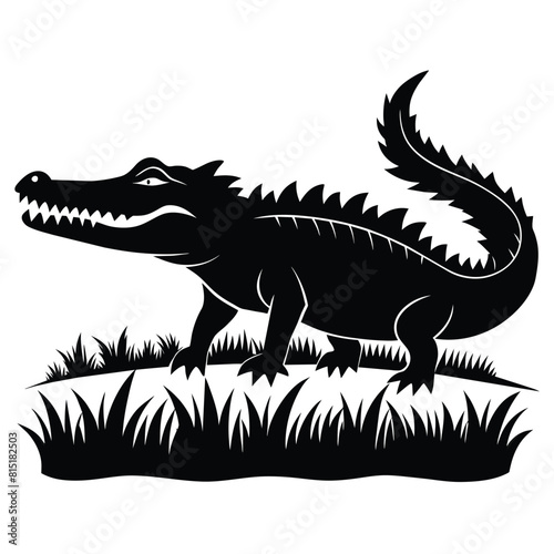 Vector silhouette of a crocodile icon blending into the grass