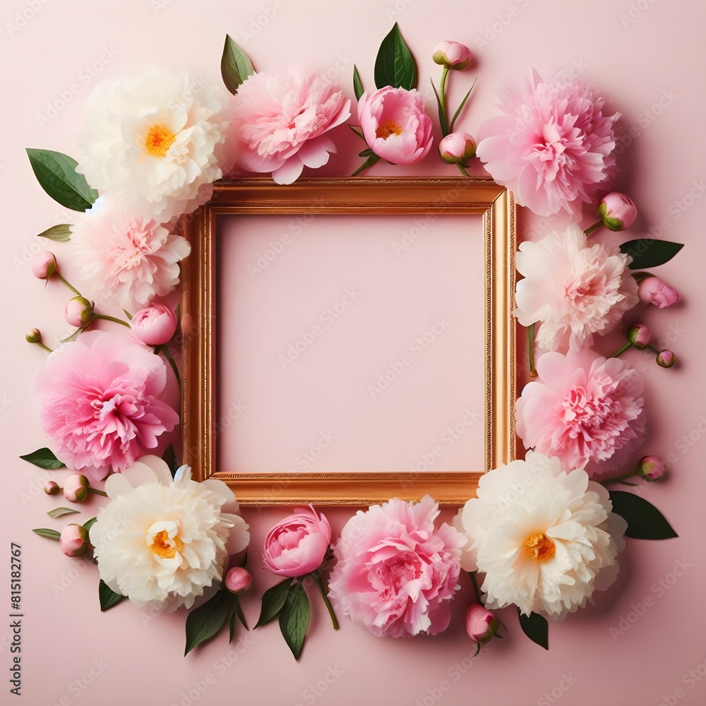 Frame made of beautiful peony flowers on pink background. Flat lay, copy space, summer flowers Frame made of beautiful peony flowers on pink background. Flat lay, copy space, summer flowers