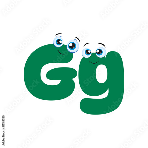 Cute Green Uppercase and Lowercase Letter G Cartoon Character. Smiling G letter from alphabet for children to learn.
